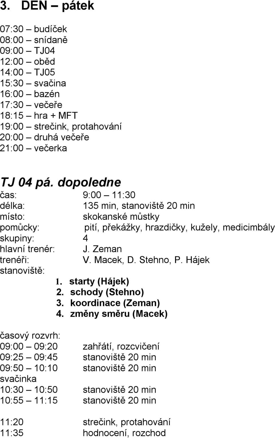 dopoledne čas: 9:00 11:30 135 min, stanoviště 20 min skokanské můstky pomůcky: pití, překážky, hrazdičky, kužely, medicimbály skupiny: 4 V. Macek, D. Stehno, P.