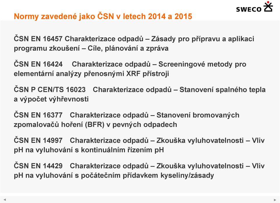 spalného tepla ČSN EN 16377 Charakterizace odpadů Stanovení bromovaných zpomalovačů hoření (BFR) v pevných odpadech ČSN EN 14997 Charakterizace odpadů Zkouška