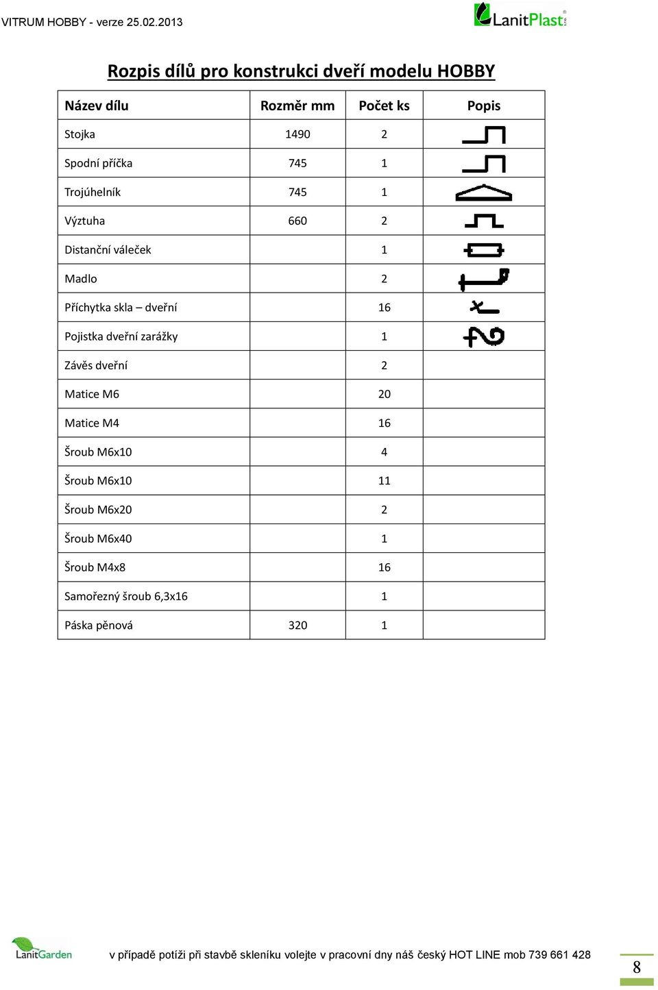 dveřní 16 Pojistka dveřní zarážky 1 Závěs dveřní 2 Matice M6 20 Matice M4 16 Šroub M6x10 4