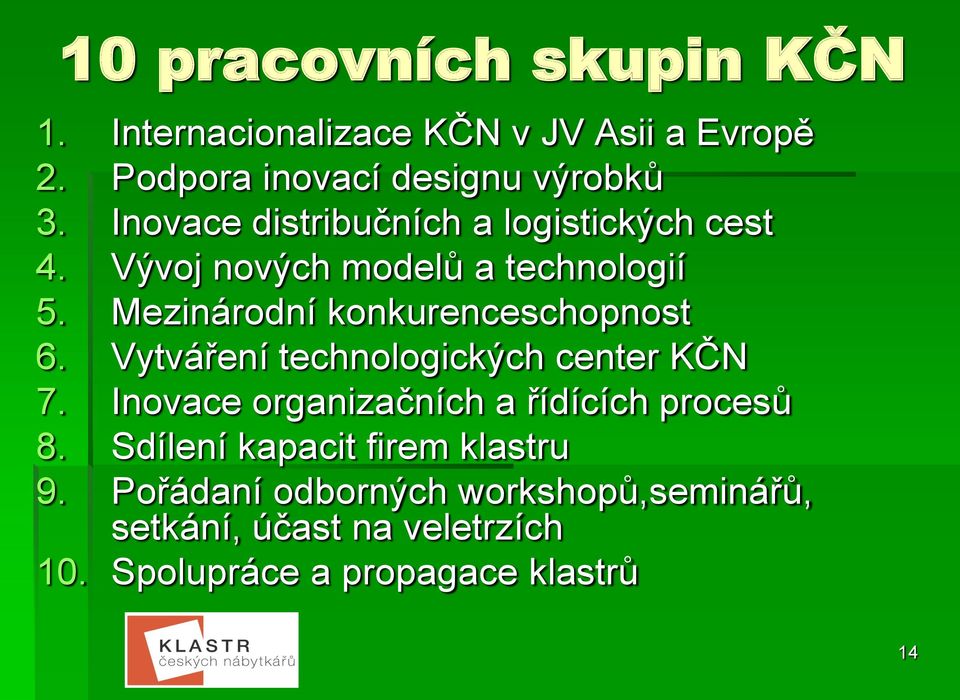 Mezinárodní konkurenceschopnost 6. Vytváření technologických center KČN 7.