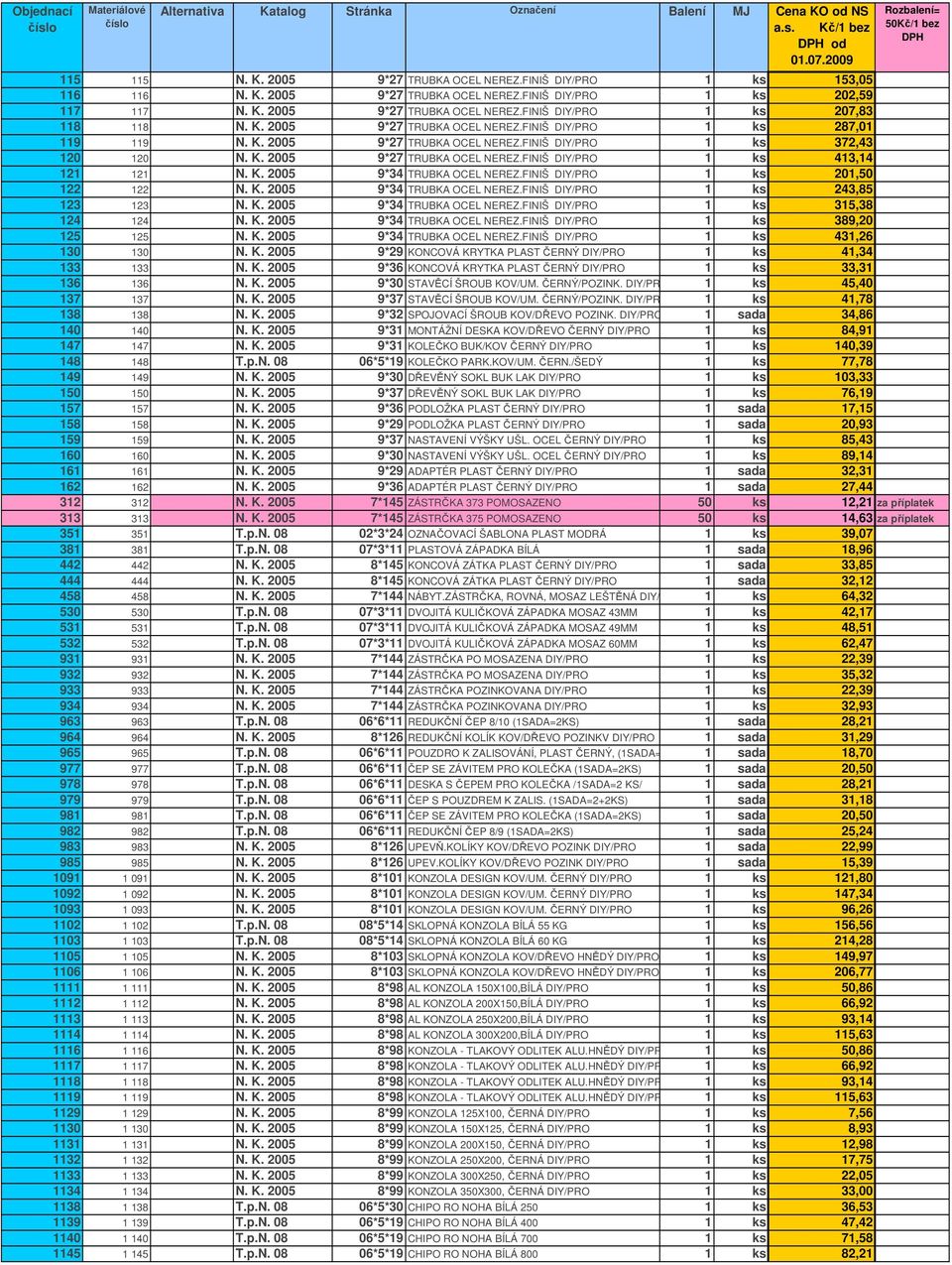 K. 2005 9*27 TRUBKA OCEL NEREZ.FINIŠ DIY/PRO 1 ks 372,43 120 120 N. K. 2005 9*27 TRUBKA OCEL NEREZ.FINIŠ DIY/PRO 1 ks 413,14 121 121 N. K. 2005 9*34 TRUBKA OCEL NEREZ.