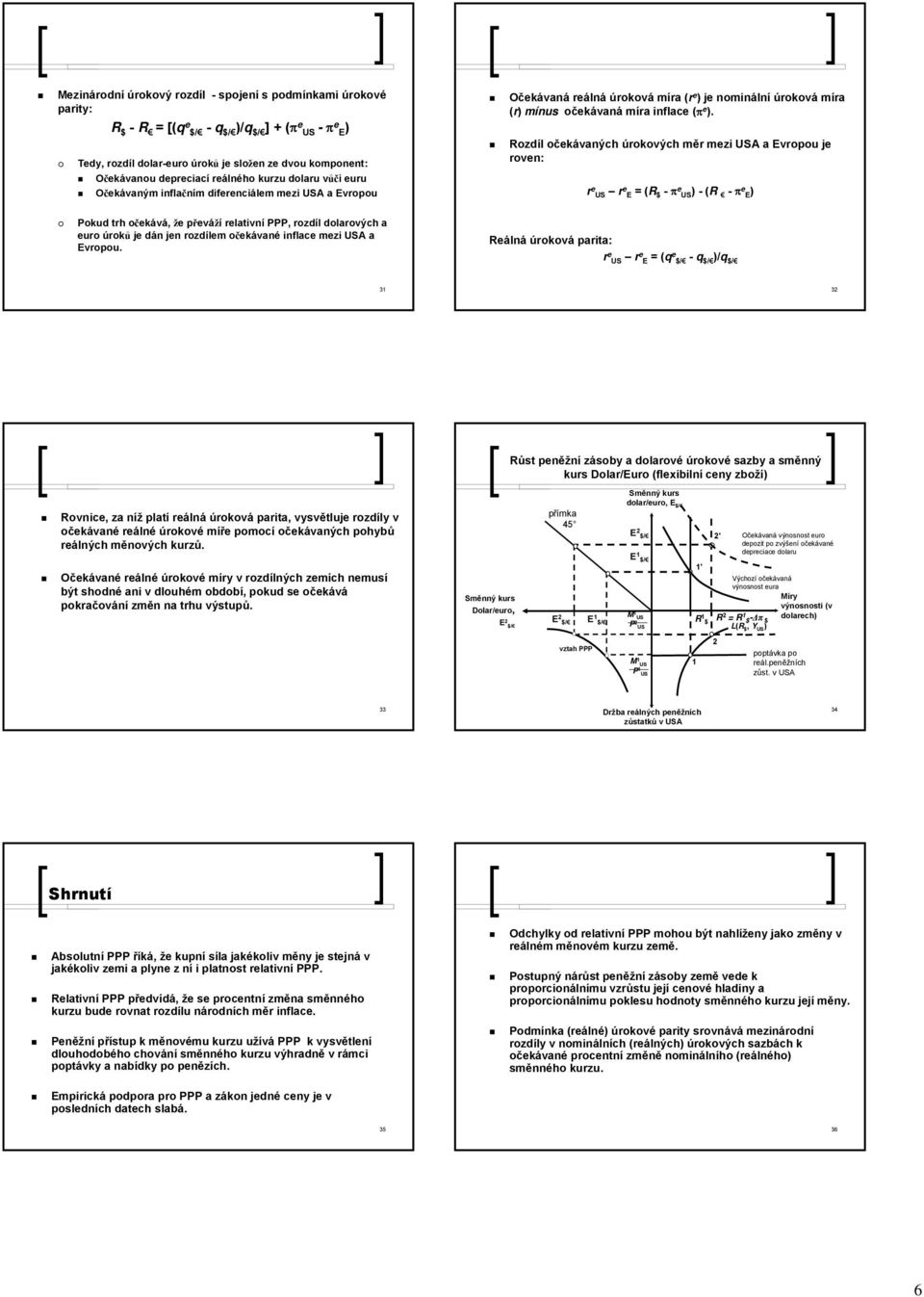 Rozdíl očekávaných úrokových měr mezi USA a Evropou je roven: r e US re E = (R $ - πe US ) - (R - πe E ) Pokud trh očekává, že převáží relativní PPP, rozdíl dolarových a euro úroků je dán jen
