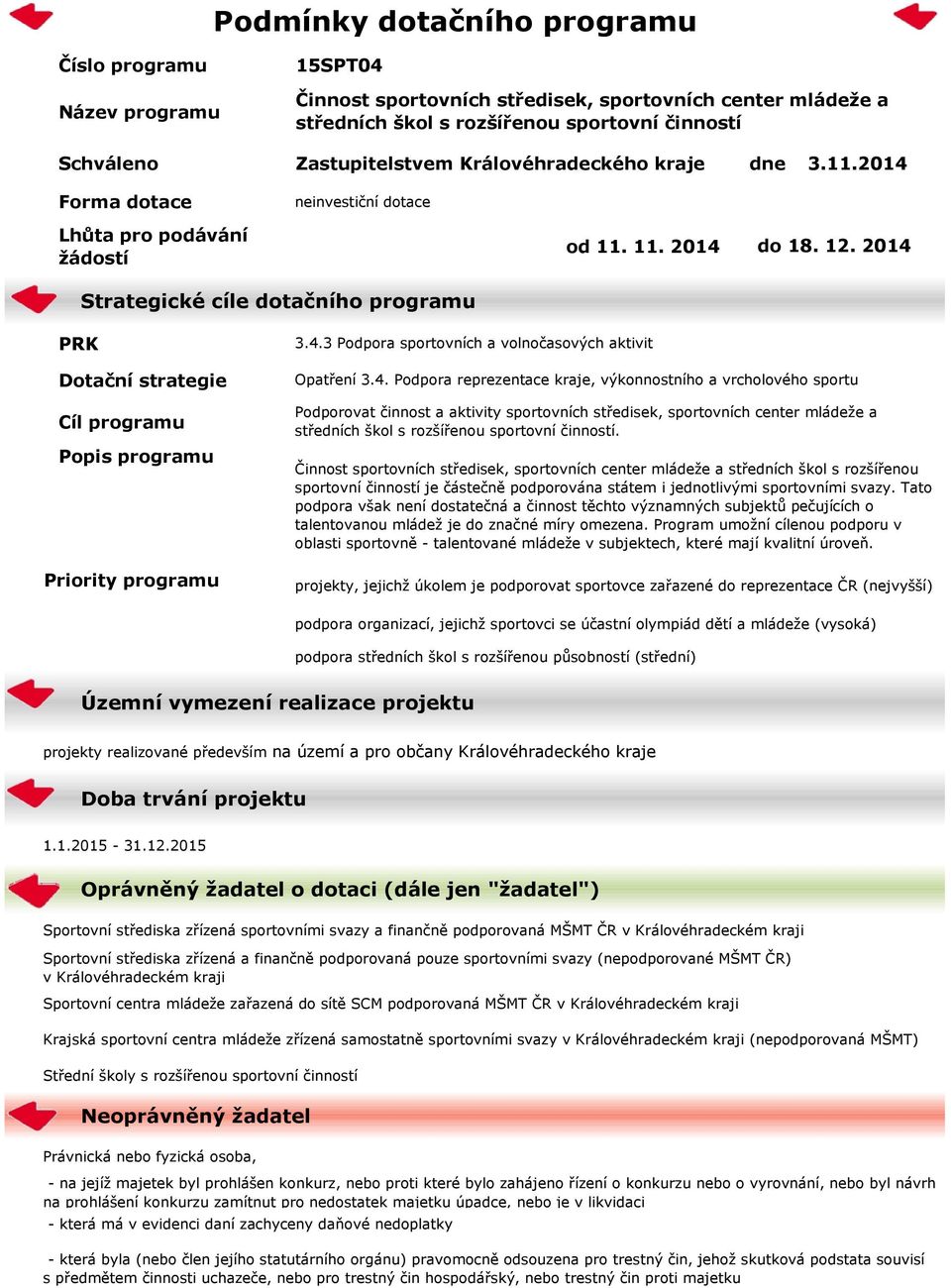 2014 PRK Dotační strategie Cíl programu Popis programu Priority programu 3.4.3 Podpora sportovních a volnočasových aktivit Opatření 3.4. Podpora reprezentace kraje, výkonnostního a vrcholového sportu Podporovat činnost a aktivity sportovních středisek, sportovních center mládeže a středních škol s rozšířenou sportovní činností.