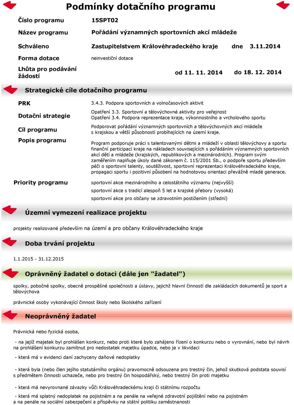 2014 PRK Dotační strategie Cíl programu Popis programu Priority programu 3.4.3. Podpora sportovních a volnočasových aktivit Opatření 3.3. Sportovní a tělovýchovné aktivity pro veřejnost Opatření 3.4.