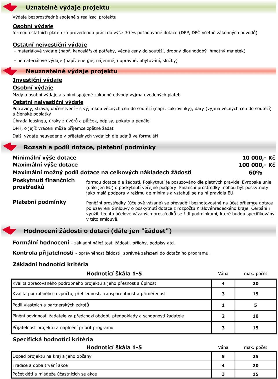 energie, nájemné, dopravné, ubytování, služby) Neuznatelné výdaje projektu Investiční výdaje Osobní výdaje Mzdy a osobní výdaje a s nimi spojené zákonné odvody vyjma uvedených plateb Ostatní