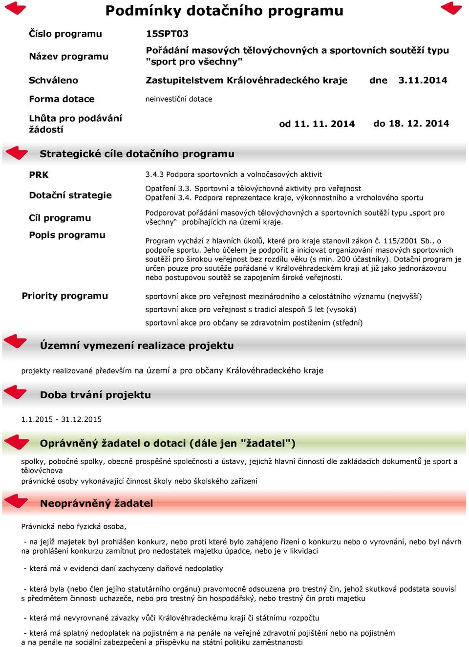 2014 Strategické cíle dotačního programu PRK Dotační strategie Cíl programu Popis programu Priority programu 3.4.3 Podpora sportovních a volnočasových aktivit Opatření 3.3. Sportovní a tělovýchovné aktivity pro veřejnost Opatření 3.