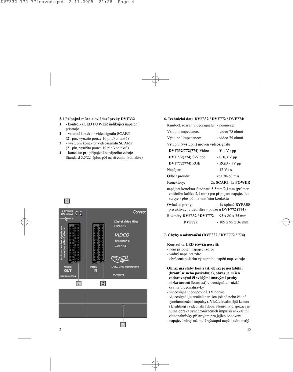 videosignálu SCART (21 pin, využito pouze 10 pin/kontaktù) 4 - konektor pro pøipojení napájecího zdroje Standard 5,5/2,1 (plus pól na støedním kontaktu) s POWER 12V 40mA - + Audio and control signals