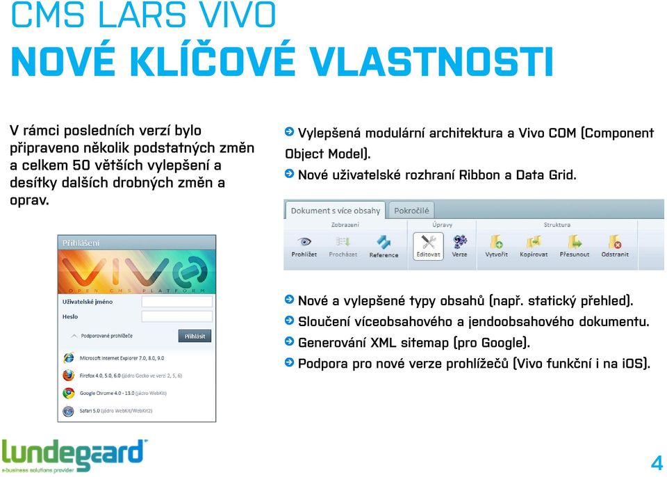 Nové uživatelské rozhraní Ribbon a Data Grid. Nové a vylepšené typy obsahů (např. statický přehled).