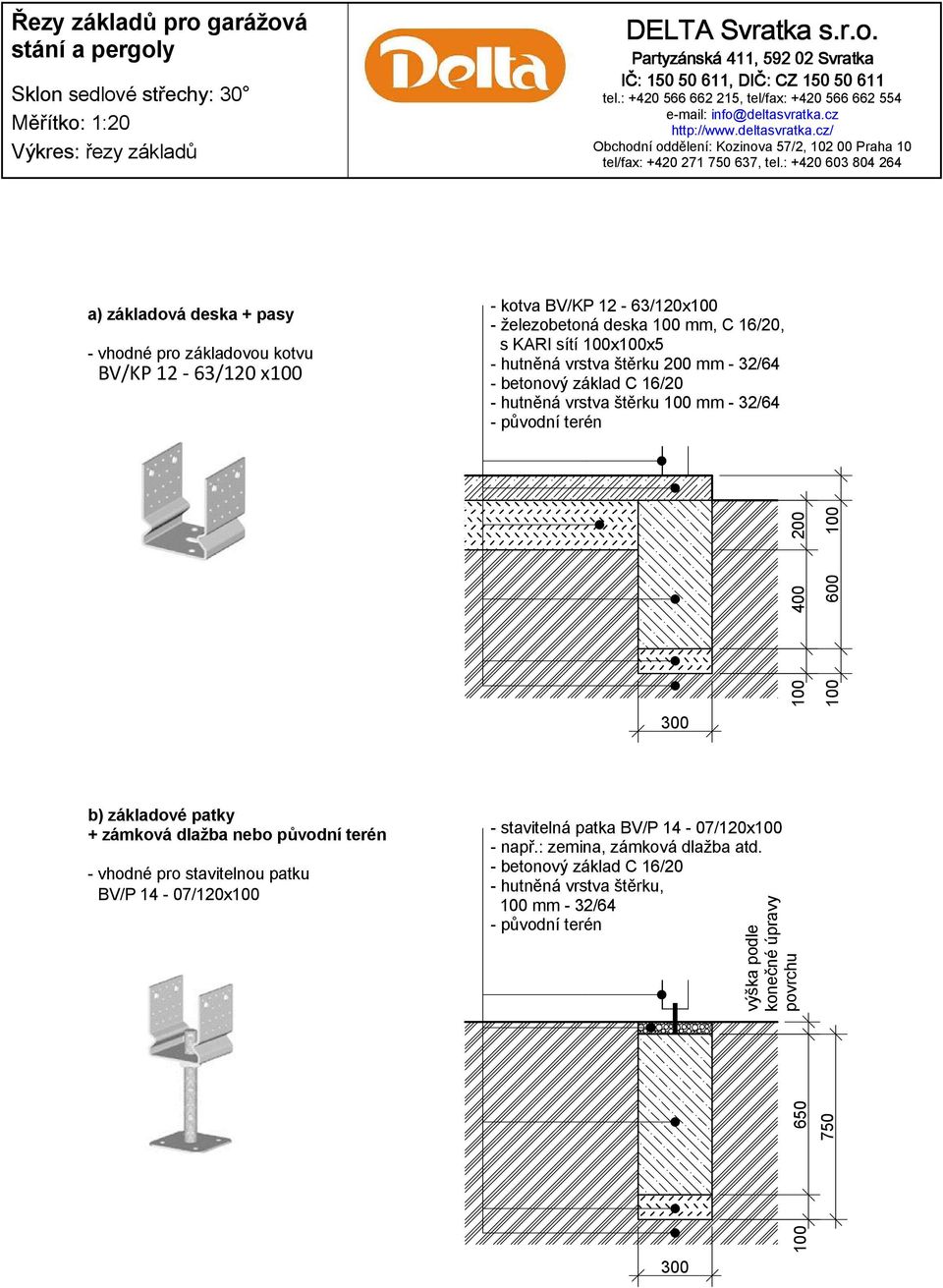 32/64 - původní terén 300 100 400 200 100 600 100 b) základové patky + zámková dlažba nebo původní terén - vhodné pro stavitelnou patku BV/P 14-07/120x100 - stavitelná patka