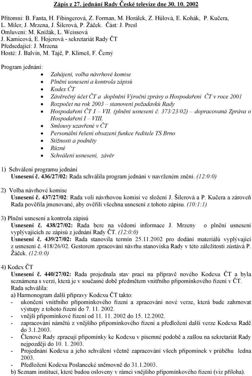 Černý Program jednání: Zahájení, volba návrhové komise Plnění usnesení a kontrola zápisů Kodex ČT Závěrečný účet ČT a doplnění Výroční zprávy o Hospodaření ČT v roce 2001 Rozpočet na rok 2003
