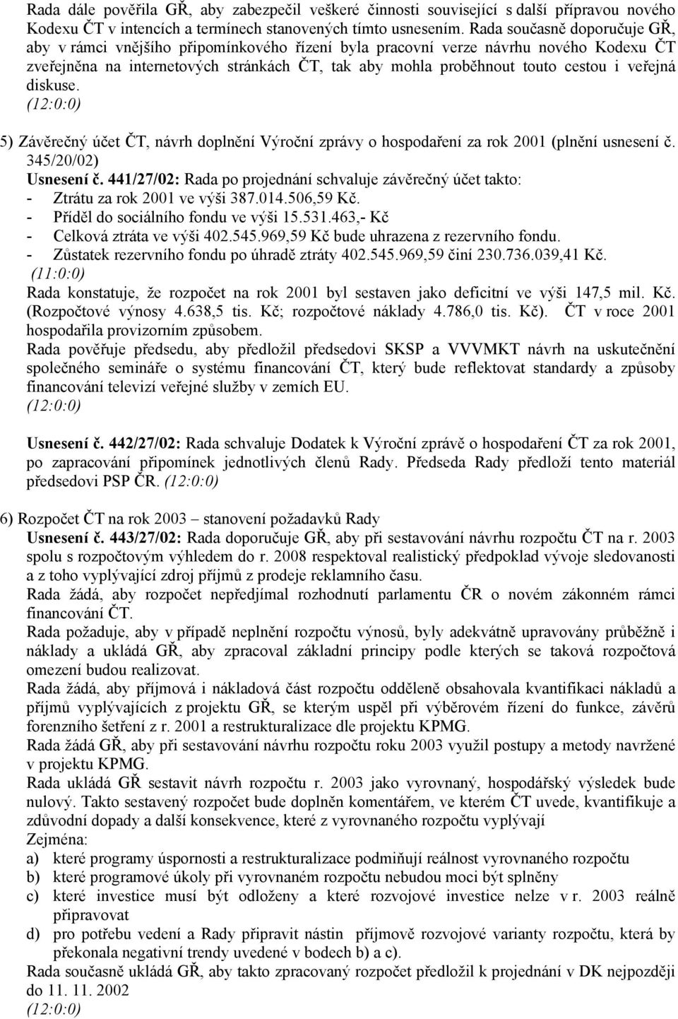 veřejná diskuse. 5) Závěrečný účet ČT, návrh doplnění Výroční zprávy o hospodaření za rok 2001 (plnění usnesení č. 345/20/02) Usnesení č.