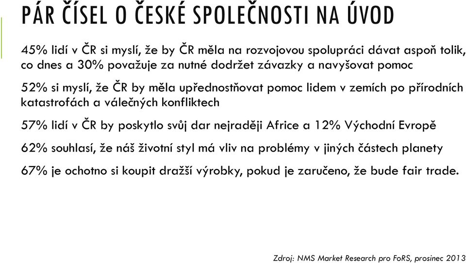 konfliktech 57% lidí v ČR by poskytlo svůj dar nejraději Africe a 12% Východní Evropě 62% souhlasí, že náš životní styl má vliv na problémy v