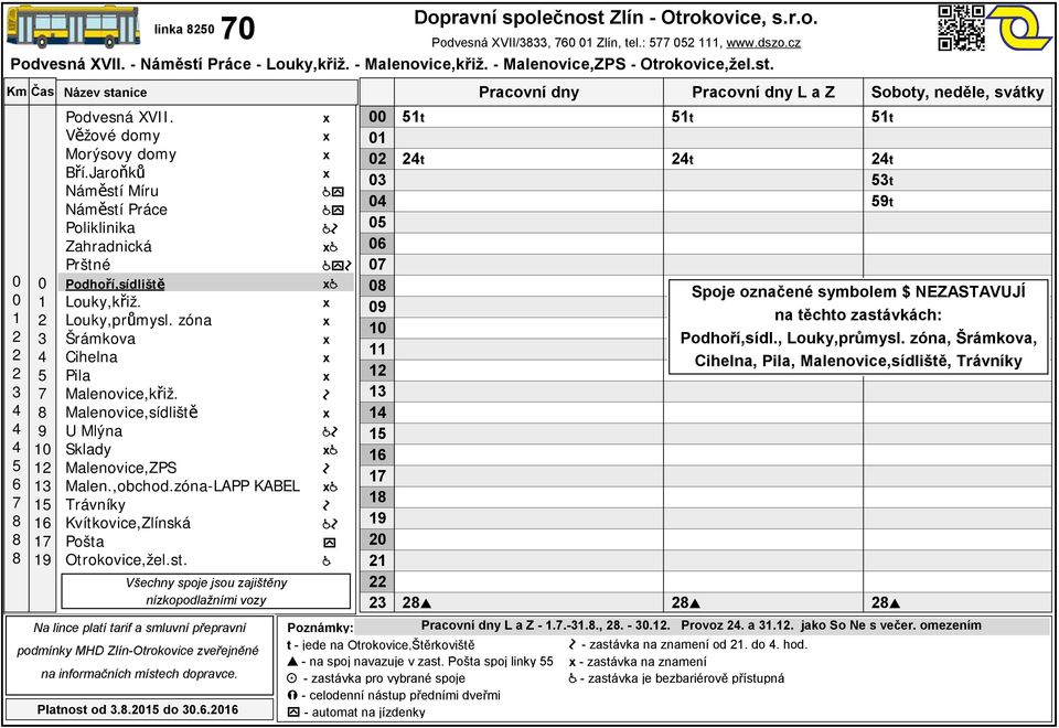 jízdenky Podvesná XVII/, Zlín, tel.:, www.dszo.cz t t t t t t - zastávka na znamení od. do. hod.