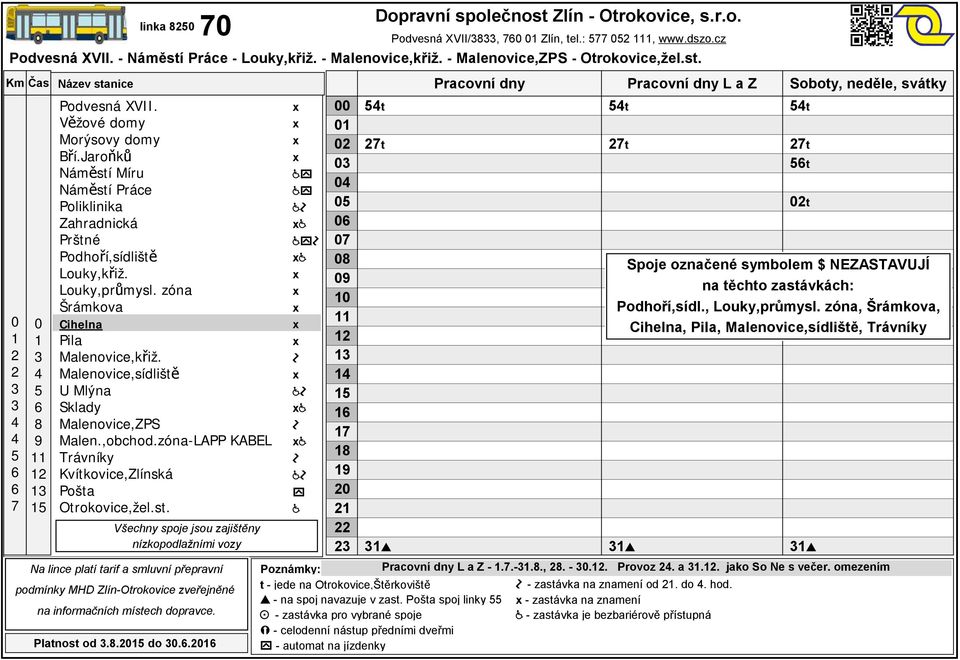 jízdenky Podvesná XVII/, Zlín, tel.:, www.dszo.cz t t t t t t - zastávka na znamení od. do. hod.