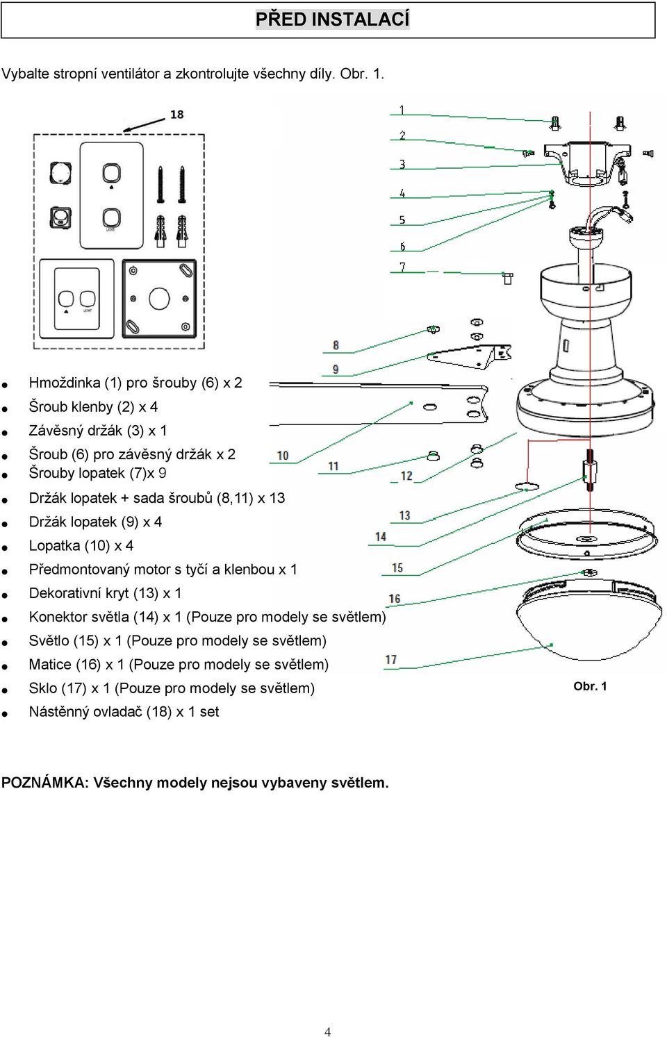 (8,11) x 13 Držák lopatek (9) x 4 Lopatka (10) x 4 Předmontovaný motor s tyčí a klenbou x 1 Dekorativní kryt (13) x 1 Konektor světla (14) x 1 (Pouze pro