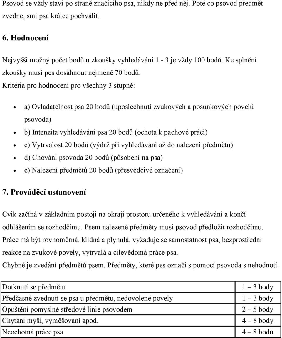 Kritéria pro hodnocení pro všechny 3 stupně: a) Ovladatelnost psa 20 bodů (uposlechnutí zvukových a posunkových povelů psovoda) b) Intenzita vyhledávání psa 20 bodů (ochota k pachové práci) c)