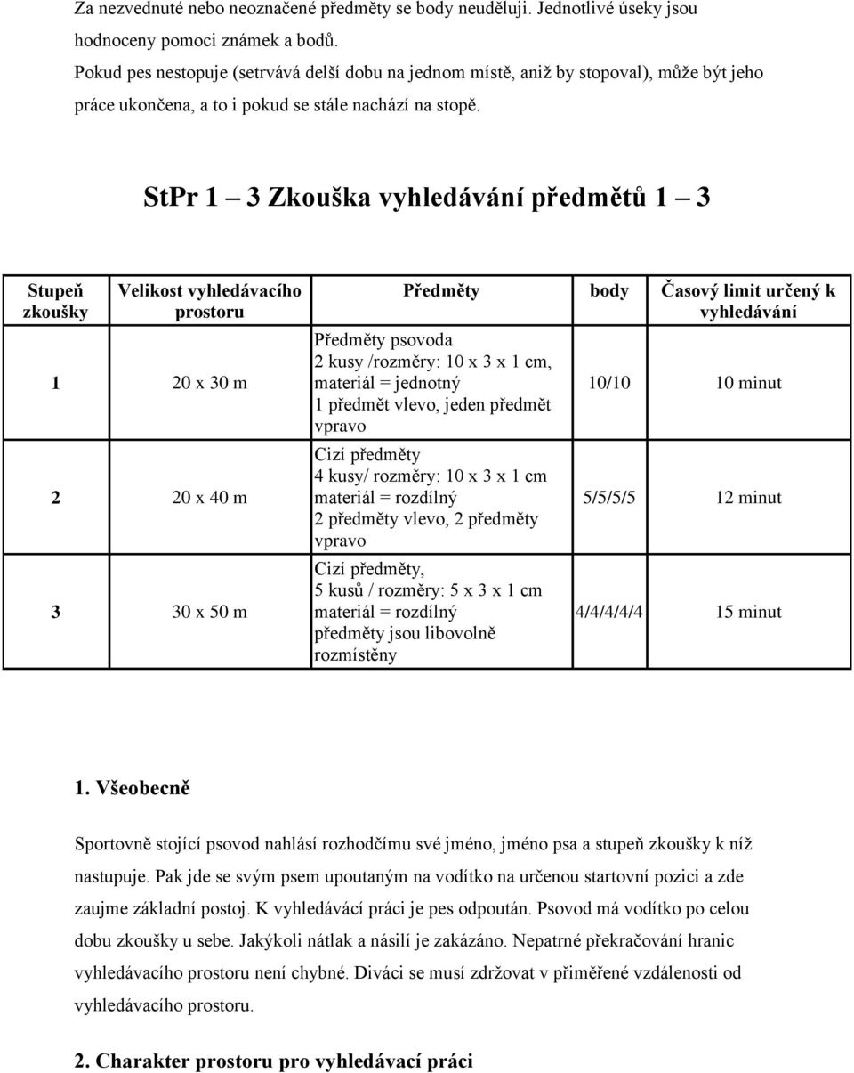 StPr 1 3 Zkouška vyhledávání předmětů 1 3 Stupeň zkoušky Velikost vyhledávacího prostoru 1 20 x 30 m 2 20 x 40 m 3 30 x 50 m Předměty body Časový limit určený k vyhledávání Předměty psovoda 2 kusy