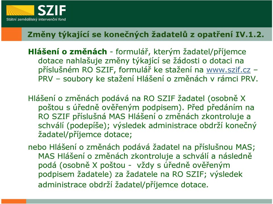 cz PRV soubory ke stažení Hlášení o změnách v rámci PRV. Hlášení o změnách podává na RO SZIF žadatel (osobně X poštou s úředně ověřeným podpisem).