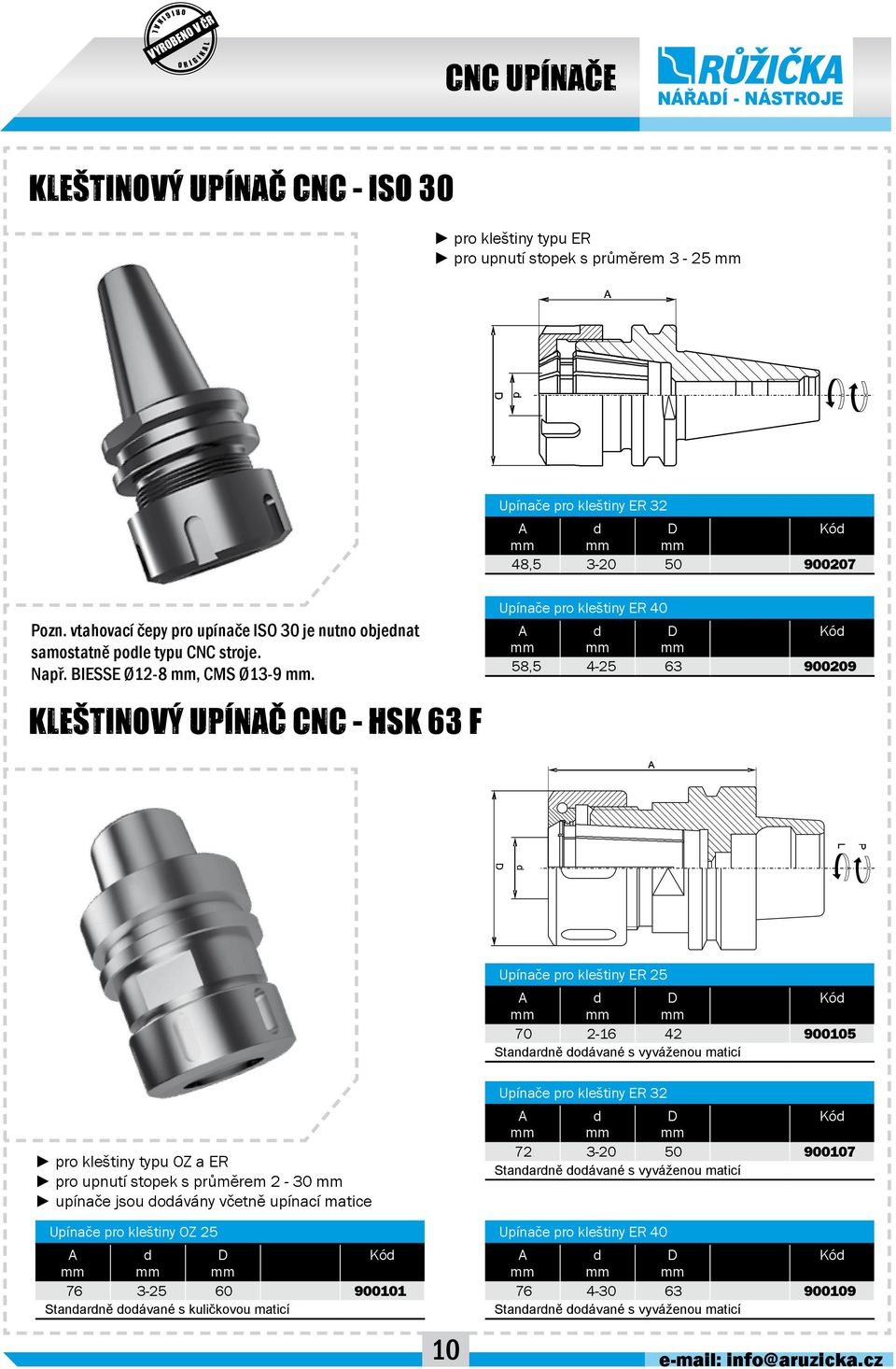 keštivý uíč CC - HSk 63 f Upíče p kešty ER 40 A d D 58,5 4-25 63 900209 Upíče p kešty ER 25 A d D 70 2-16 42 900105 Stddě ddávé s vyvážeu mtcí p kešty typu OZ ER p uputí