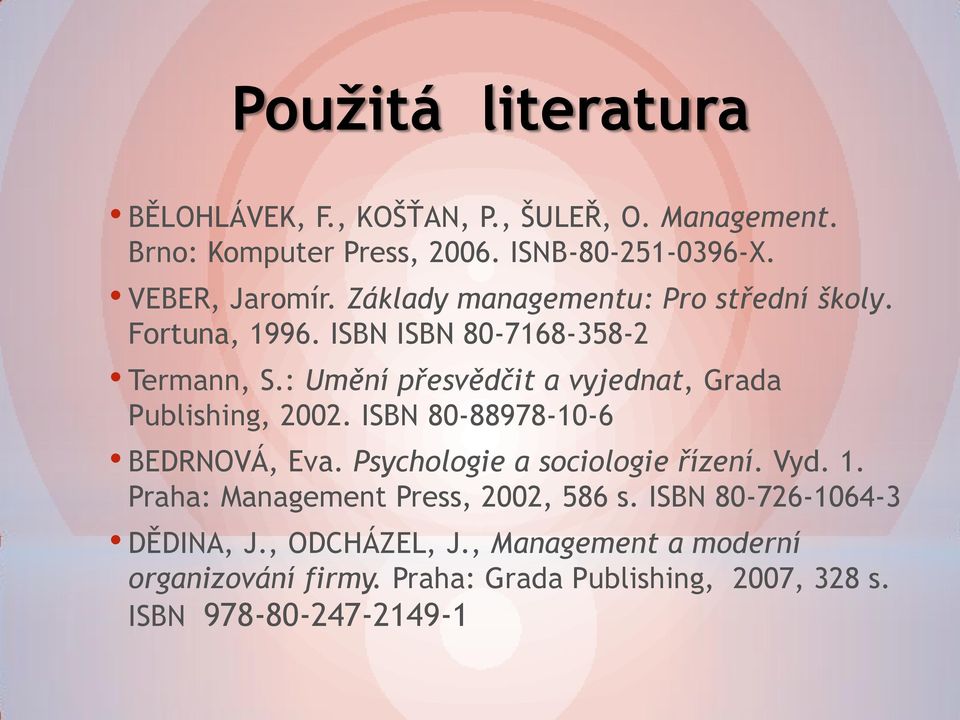 : Umění přesvědčit a vyjednat, Grada Publishing, 2002. ISBN 80-88978-10-6 BEDRNOVÁ, Eva. Psychologie a sociologie řízení. Vyd. 1.