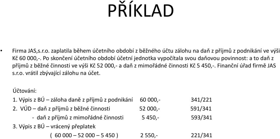 činnosti Kč 5 450,-. Finanční úřad firmě JAS s.r.o. vrátil zbývající zálohu na účet. Účtování: 1.