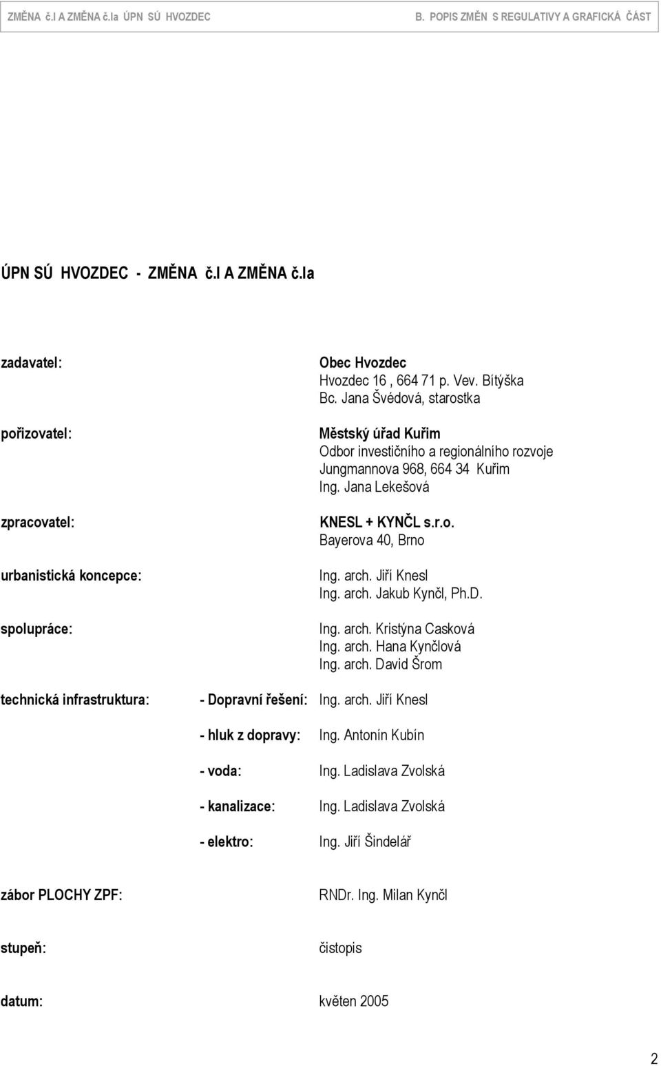 arch. Jiří Knesl Ing. arch. Jakub Kynčl, Ph.D. Ing. arch. Kristýna Casková Ing. arch. Hana Kynčlová Ing. arch. David Šrom - Dopravní řešení: Ing. arch. Jiří Knesl - hluk z dopravy: Ing.