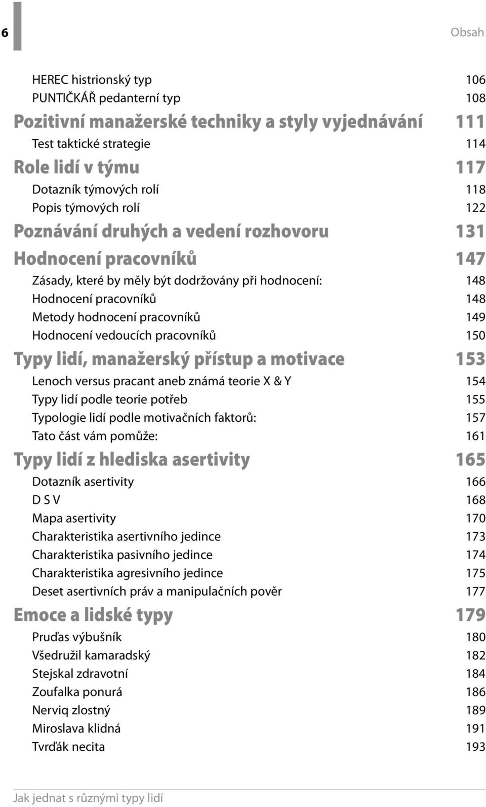 Hodnocení vedoucích pracovníků 150 Typy lidí, manažerský přístup a motivace 153 Lenoch versus pracant aneb známá teorie X & Y 154 Typy lidí podle teorie potřeb 155 Typologie lidí podle motivačních