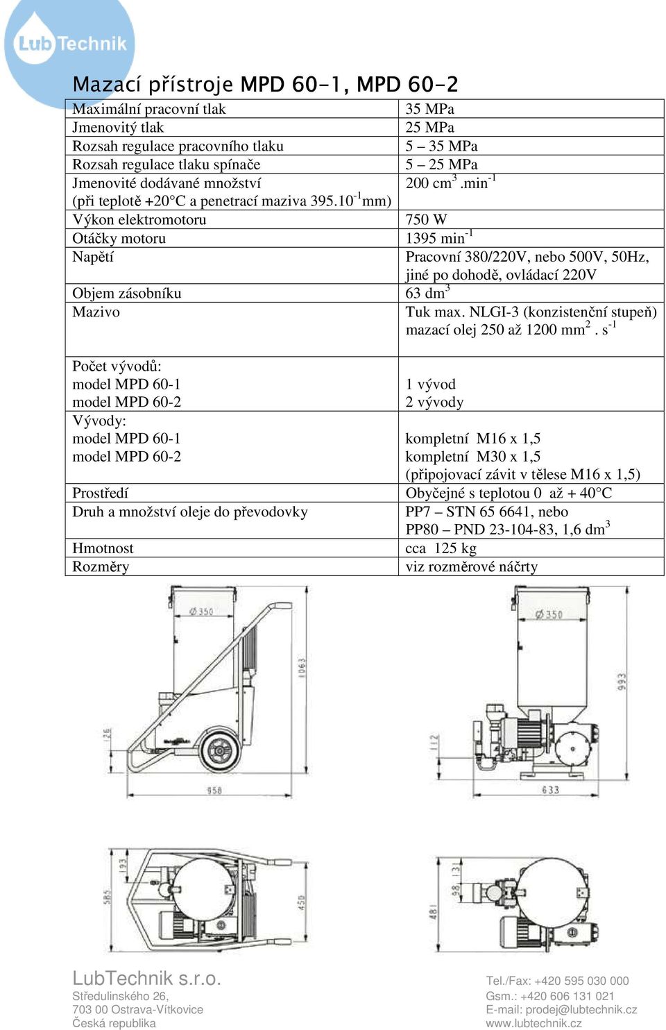 10-1 mm) Výkon elektromotoru 750 W Otáčky motoru 1395 min -1 Napětí Pracovní 380/220V, nebo 500V, 50Hz, jiné po dohodě, ovládací 220V Objem zásobníku 63 dm 3 Mazivo Tuk max.