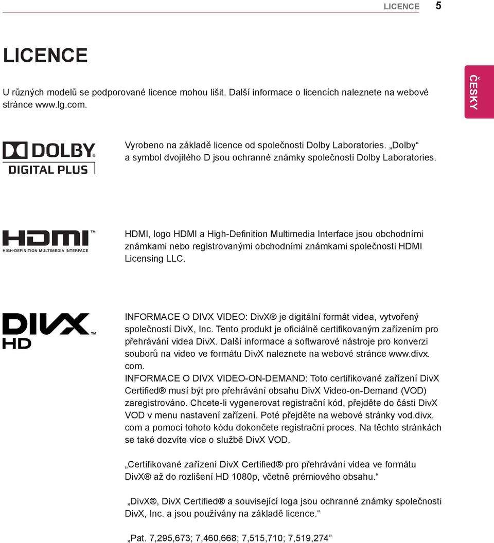 HDMI, logo HDMI a High-Definition Multimedia Interface jsou obchodními známkami nebo registrovanými obchodními známkami společnosti HDMI Licensing LLC.