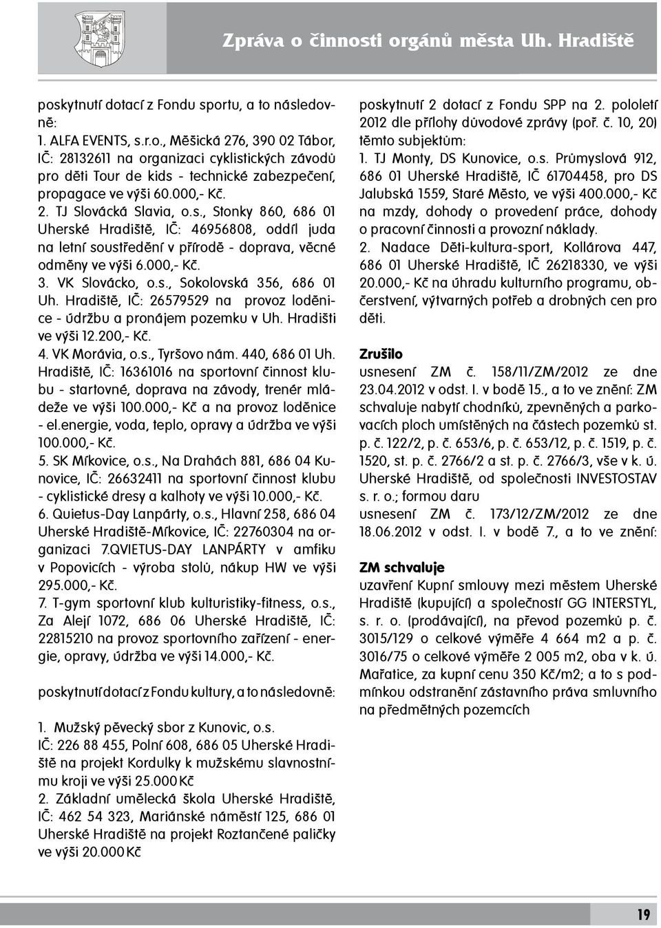 Hradiště, IČ: 26579529 na provoz loděnice - údržbu a pronájem pozemku v Uh. Hradišti ve výši 12.200,- Kč. 4. VK Morávia, o.s., Tyršovo nám. 440, 686 01 Uh.