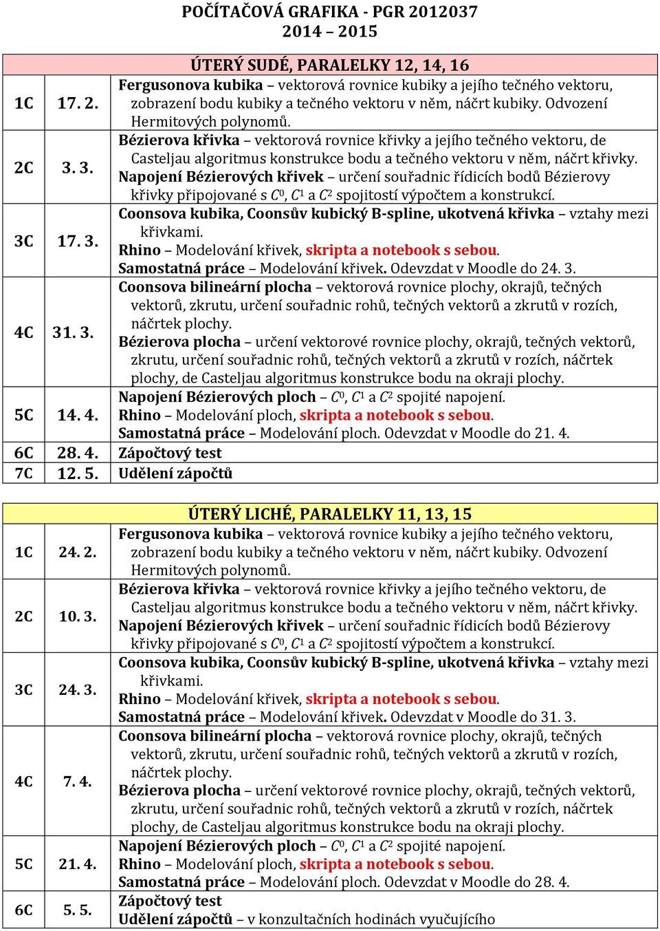 4. 7C 12. 5. Udělení zápočtů 1C 24. 2. 2C 10. 3. 3C 24. 3. 4C 7. 4. 5C 21. 4. 6C 5. 5. ÚTERÝ LICHÉ, PARALELKY 11, 13, 15 Samostatná práce Modelování křivek.