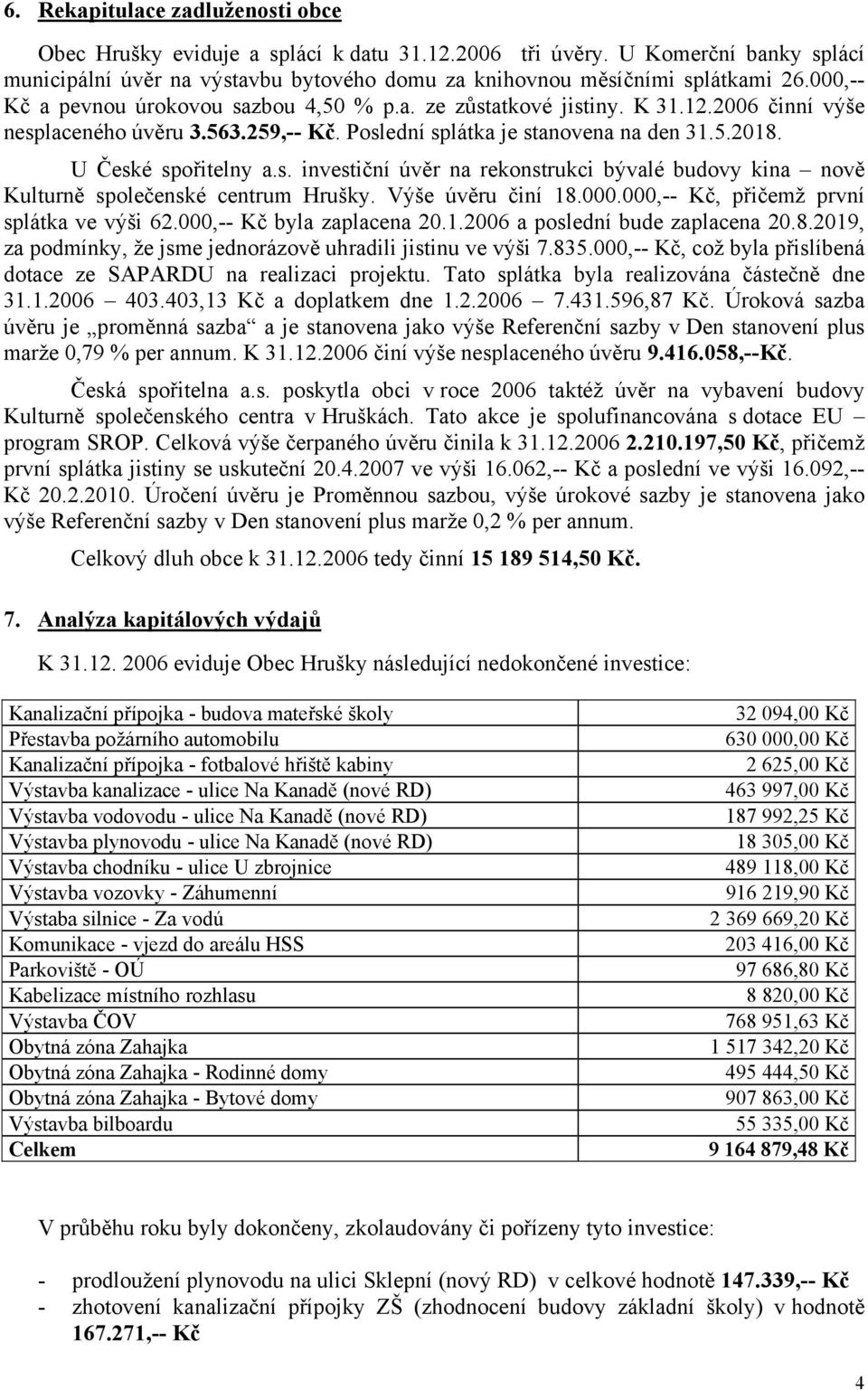 s. investiční úvěr na rekonstrukci bývalé budovy kina nově Kulturně společenské centrum Hrušky. Výše úvěru činí 18.000.000,-- Kč, přičemž první splátka ve výši 62.000,-- Kč byla zaplacena 20.1.2006 a poslední bude zaplacena 20.