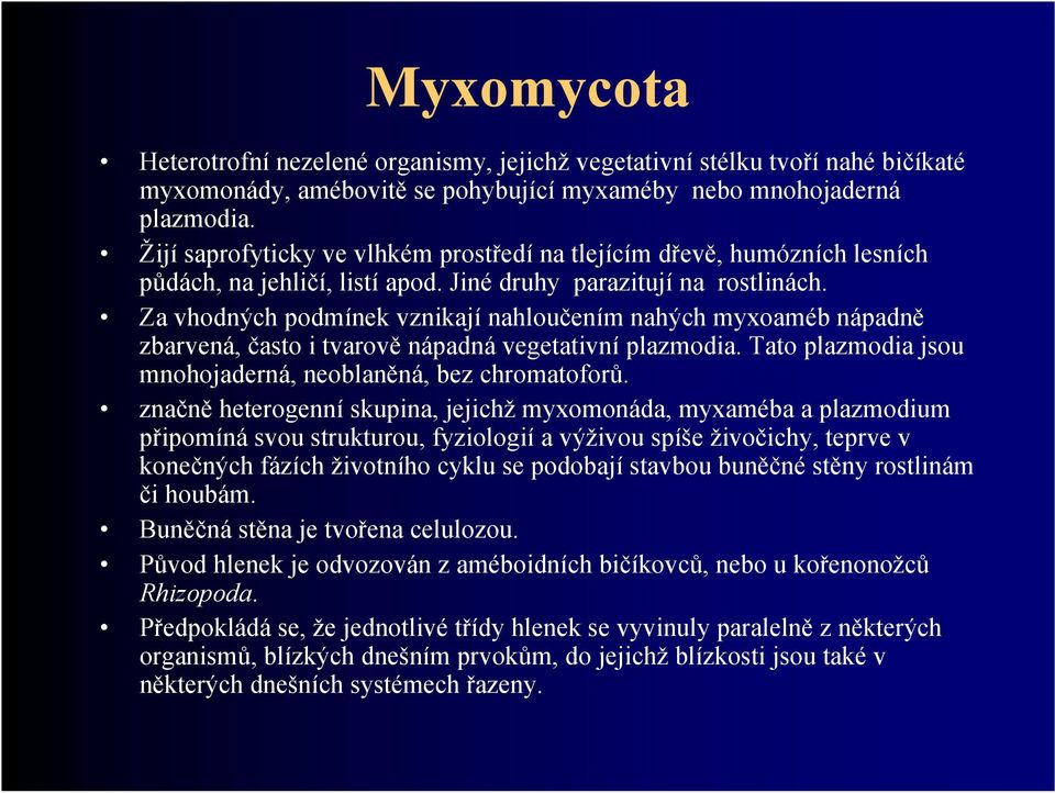 Za vhodných podmínek vznikají nahloučením nahých myxoaméb nápadně zbarvená, často i tvarově nápadná vegetativní plazmodia. Tato plazmodia jsou mnohojaderná, neoblaněná, bez chromatoforů.