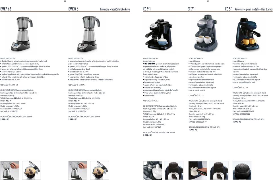 kávovar automatické vypínání: moka se vypne automaticky systém KEEP WARM uchování teplé kávy po dobu 30 minut funkce pro přípravu ječmenné kávy se speciálním filtrem nádoba na kávu a uzávěr studená