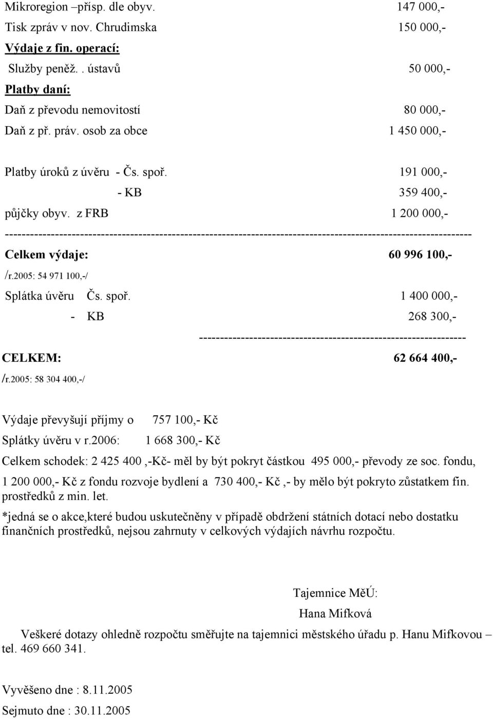 z FRB 1 200 000,- ---------------------------------------------------------------------------------------------------------------- Celkem výdaje: 60 996 100,- /r.2005: 54 971 100,-/ Splátka úvěru Čs.