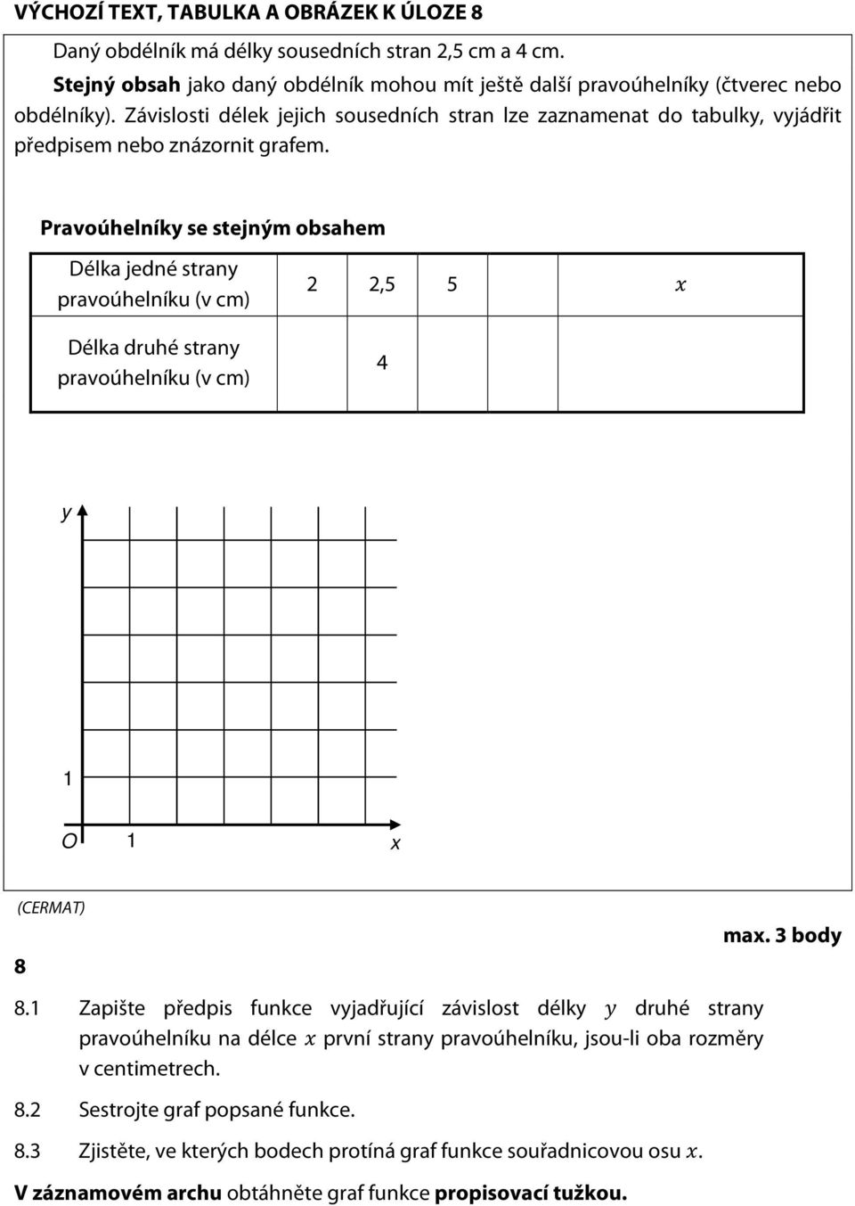 Pravoúhelníky se stejným obsahem Délka jedné strany pravoúhelníku (v cm) Délka druhé strany pravoúhelníku (v cm) 2 2,5 5 4 y 1 O 1 x 8 8.1 8.2 8.