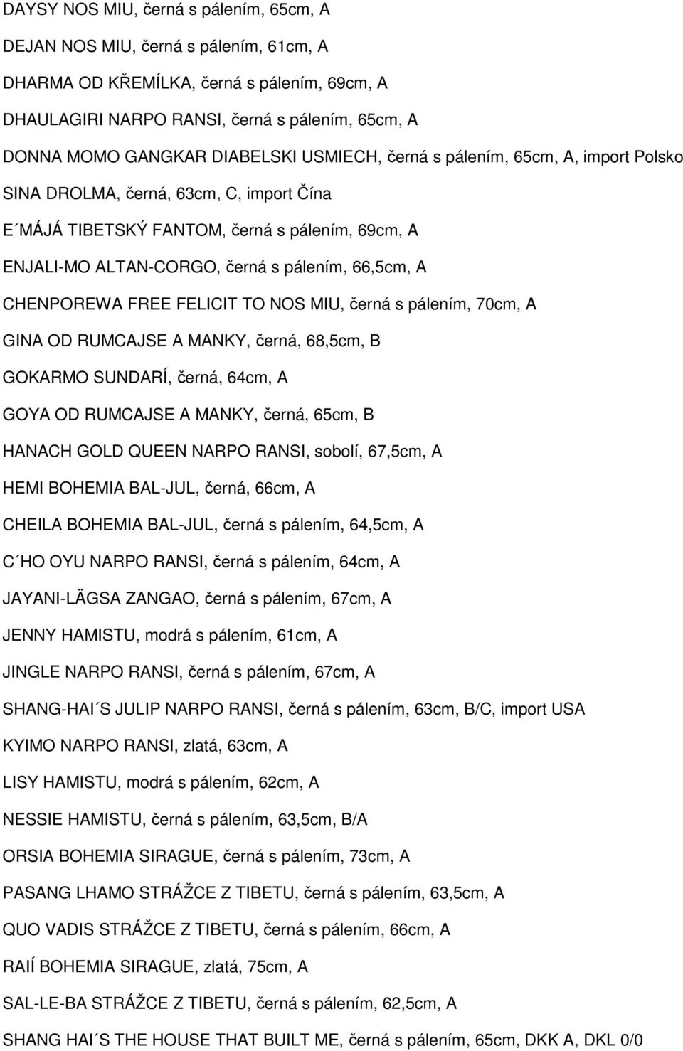 CHENPOREWA FREE FELICIT TO NOS MIU, černá s pálením, 70cm, A GINA OD RUMCAJSE A MANKY, černá, 68,5cm, B GOKARMO SUNDARÍ, černá, 64cm, A GOYA OD RUMCAJSE A MANKY, černá, 65cm, B HANACH GOLD QUEEN