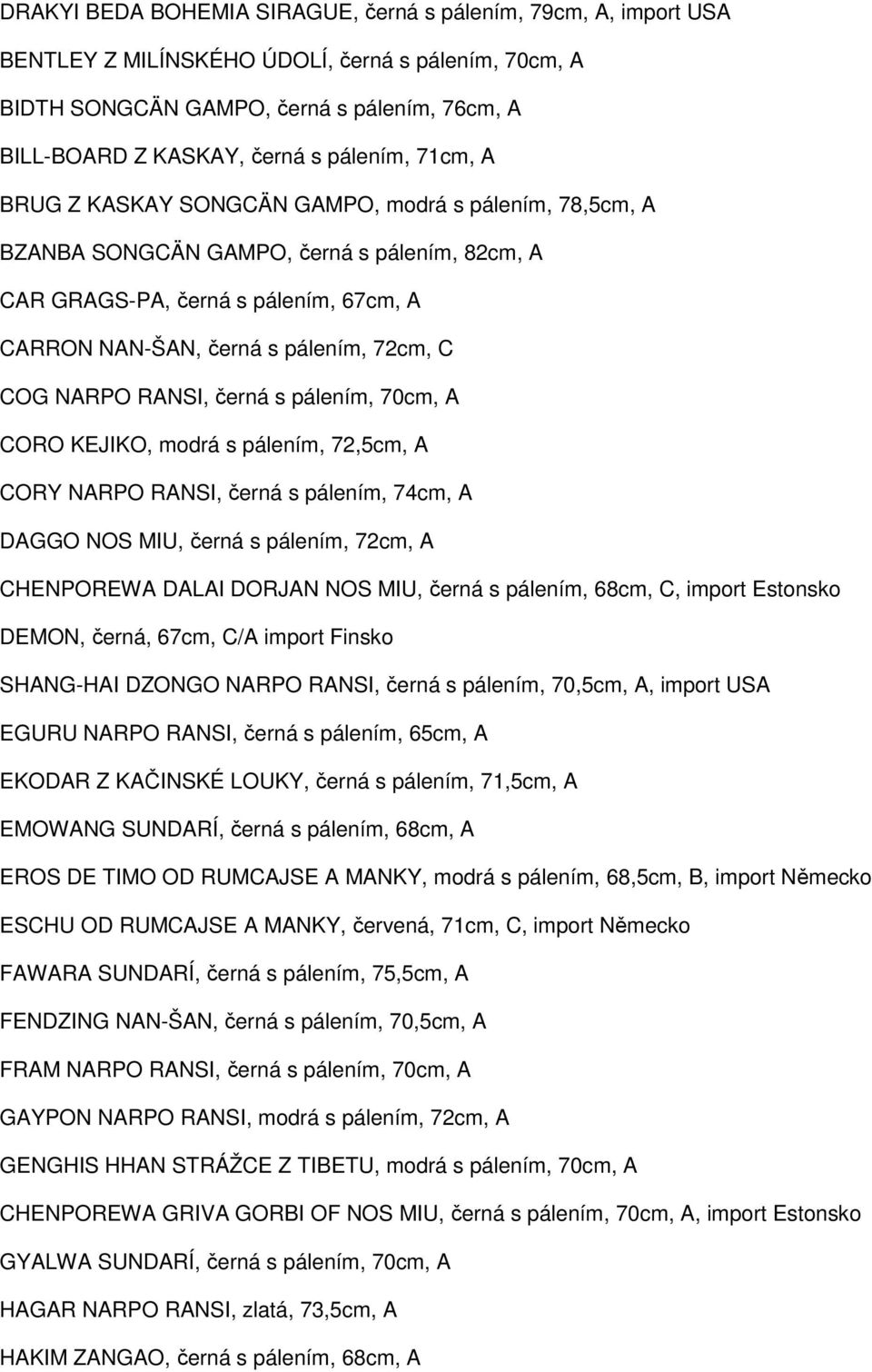 COG NARPO RANSI, černá s pálením, 70cm, A CORO KEJIKO, modrá s pálením, 72,5cm, A CORY NARPO RANSI, černá s pálením, 74cm, A DAGGO NOS MIU, černá s pálením, 72cm, A CHENPOREWA DALAI DORJAN NOS MIU,