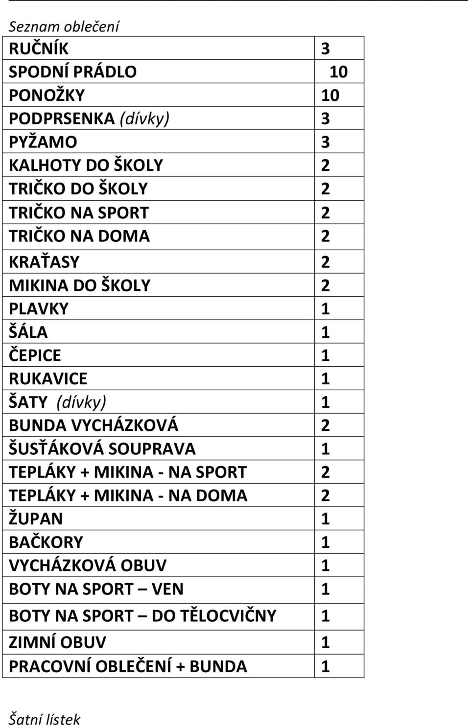 BUNDA VYCHÁZKOVÁ 2 ŠUSŤÁKOVÁ SOUPRAVA 1 TEPLÁKY + MIKINA - NA SPORT 2 TEPLÁKY + MIKINA - NA DOMA 2 ŽUPAN 1 BAČKORY 1