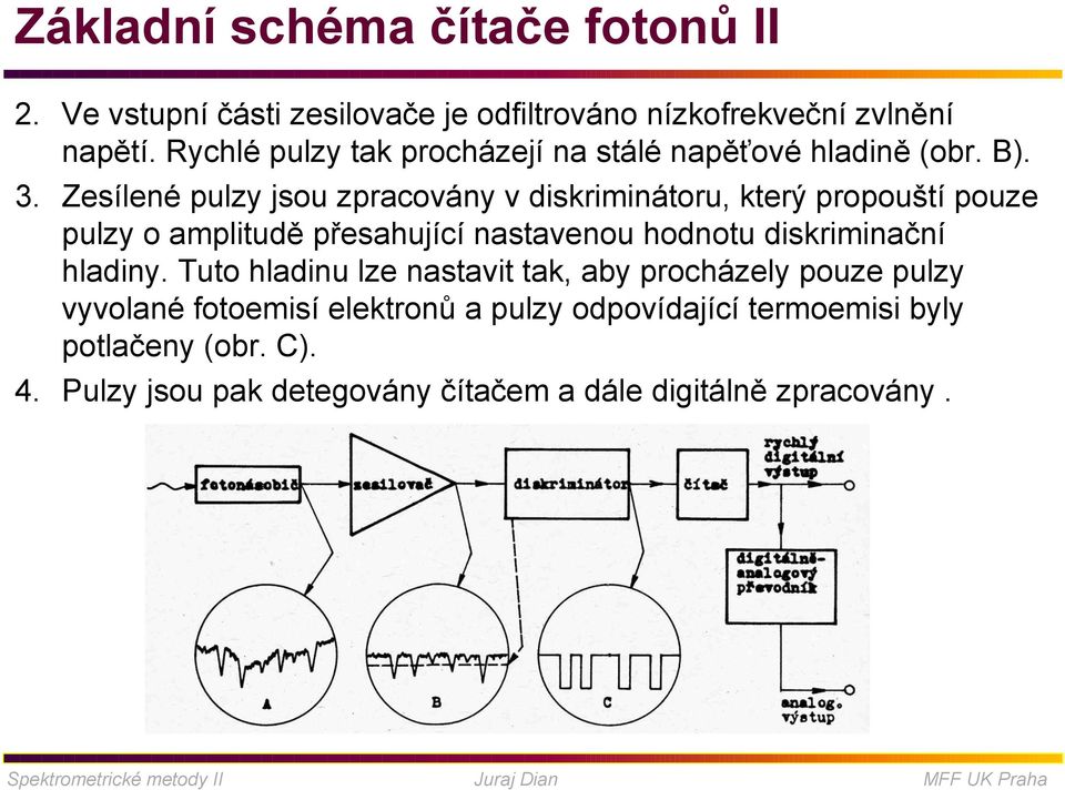 Zesílené pulzy jsou zpracovány v diskriminátoru, který propouští pouze pulzy o amplitudě přesahující nastavenou hodnotu