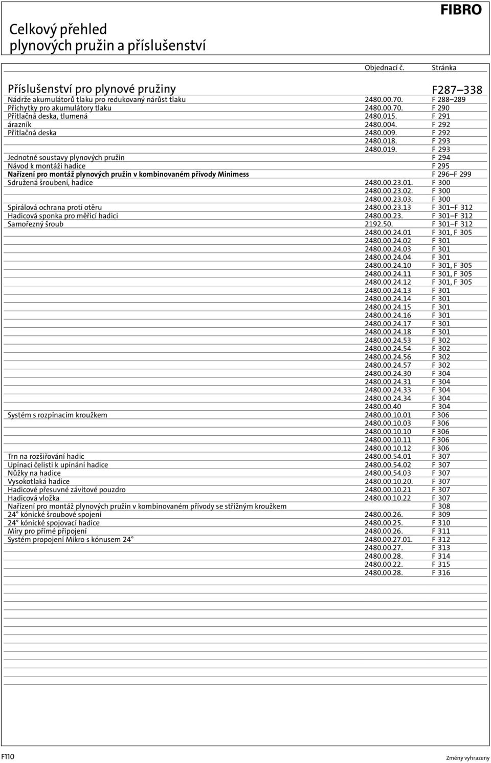 F 293 Jednotné soustavy plynových pružin F 294 Návod k montáži hadice F 295 Nařízení pro montáž plynových pružin v kombinovaném přívody Minimess F 296 F 299 Sdružená šroubení, hadice 2480.00.23.01.