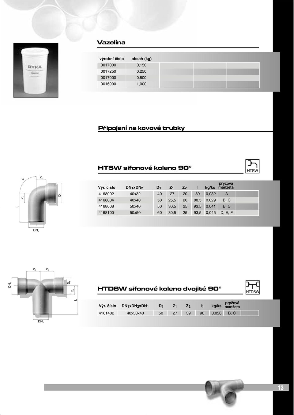 číslo DN 1xDN 2 D 1 Z 1 Z 2 l kg/ks pryžová manžeta 4168002 40x32 40 27 20 89 0,032 A 4168004 40x40 50 25,5 20 88,5 0,029