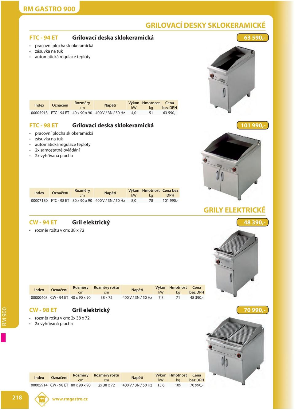 vyhřívaná plocha Výkon Hmotnost bez kw kg DPH 00007180 FTC - 98 ET 80 x 90 x 90 400 V / 3N / 50 Hz 8,0 78 101 990,- GRILY ELEKTRICKÉ CW - 94 ET Gril elektrický 48 390,- rozměr roštu v : 38 x 72 roštu