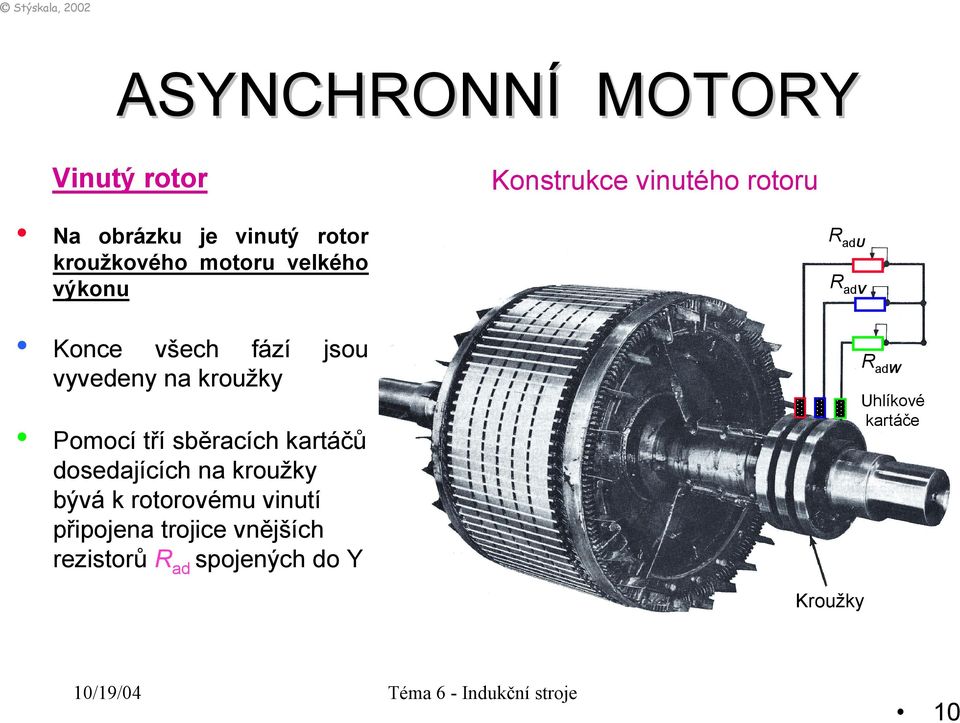 Uhlíkové kartáče Pomocí tří sběracích kartáčů dosedajících na kroužky bývá k rotorovému