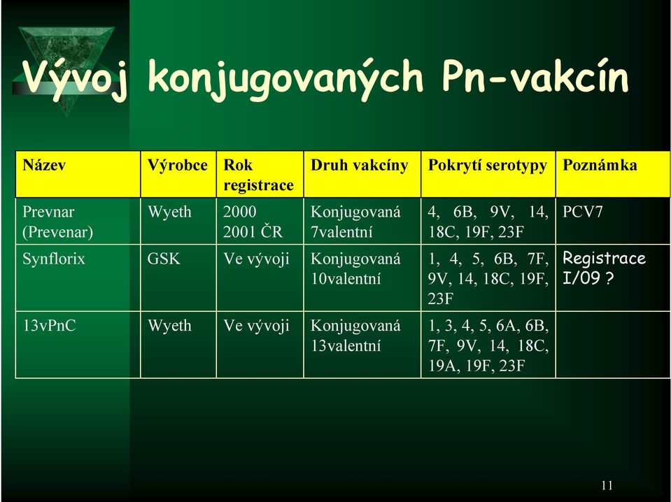 Synflorix GSK Ve vývoji Konjugovaná 10valentní 1, 4, 5, 6B, 7F, 9V, 14, 18C, 19F, 23F Registrace