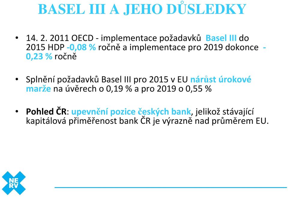 dokonce - 0,23 %ročně Splnění požadavků Basel III pro 2015 v EU nárůst úrokové