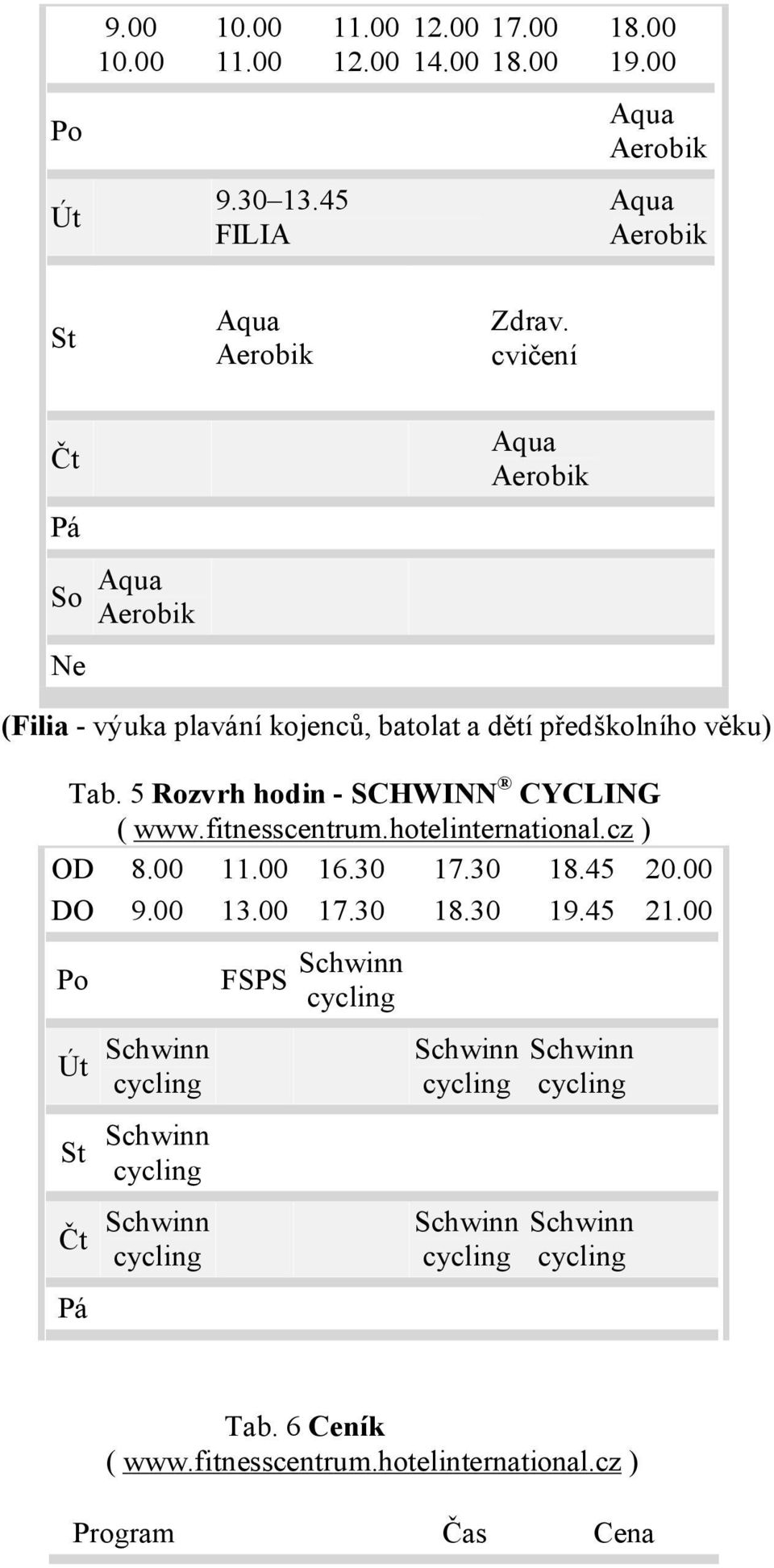 5 Rozvrh hodin - SCHWINN CYCLING ( www.fitnesscentrum.hotelinternational.cz ) OD 8.00 11.00 16.30 17.30 18.