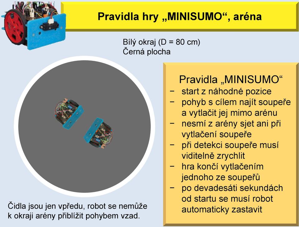 Pravidla MINISUMO start z náhodné pozice pohyb s cílem najít soupeře a vytlačit jej mimo arénu nesmí z arény