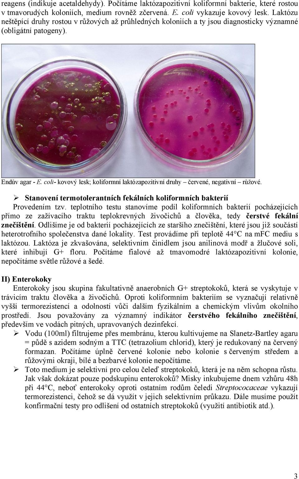 coli- kovový lesk; koliformní laktózapozitivní druhy červené, negativní růžové. Stanovení termotolerantních fekálních koliformních bakterií Provedením tzv.
