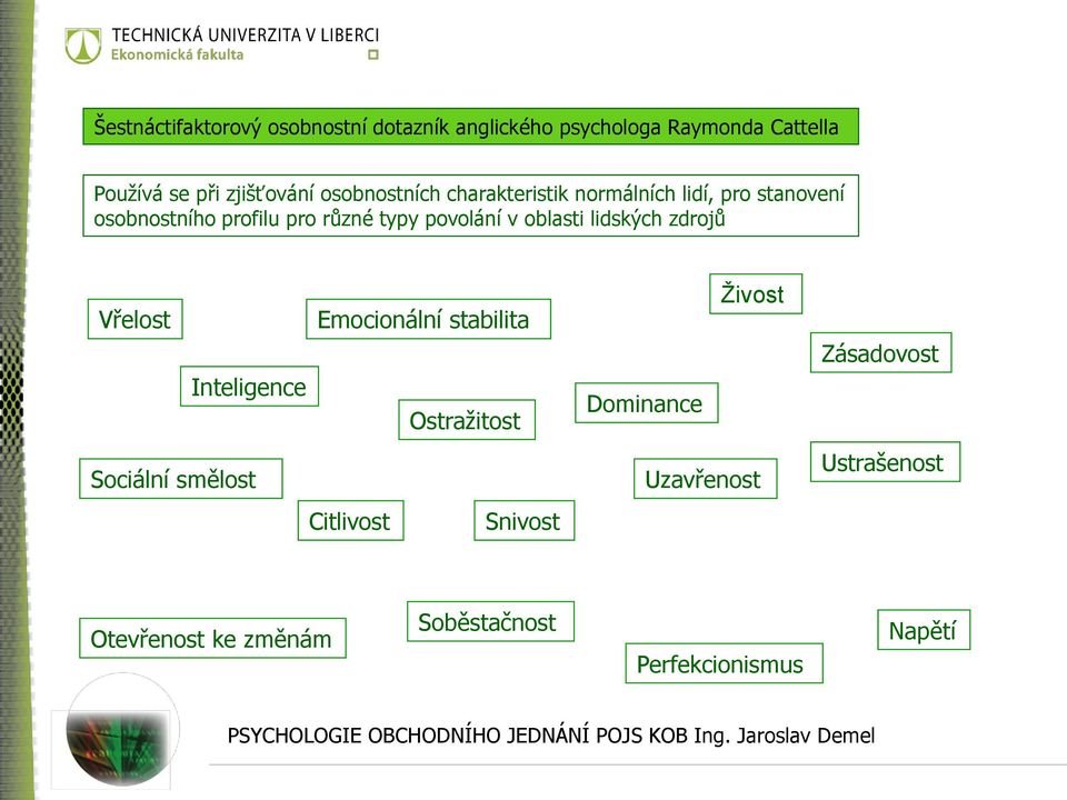 oblasti lidských zdrojů Vřelost Emocionální stabilita Inteligence Ostražitost Sociální smělost Citlivost